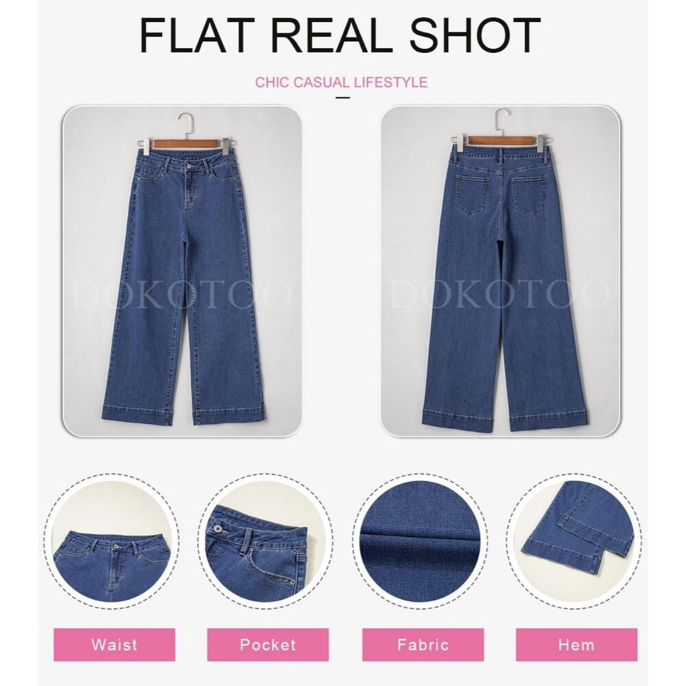 Women's Sky Blue Waisted Wide Leg Denim Jeans Stretchy Loose Pants with Pocket - Picture 6 of 6